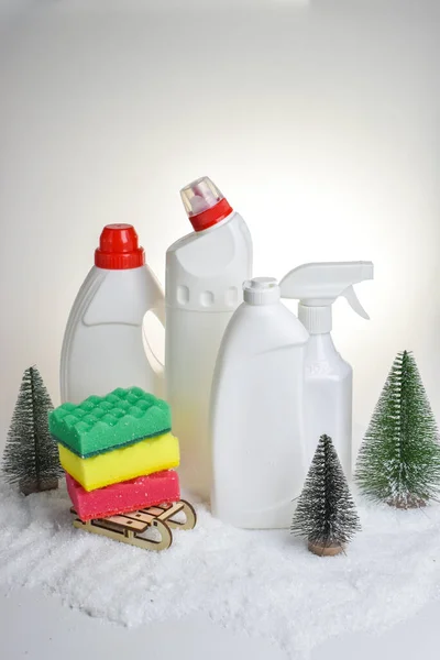 Plastic Bottles Detergents Cleaning Disinfection Premises Cleaning Apartment Household Chemicals — Stock Photo, Image