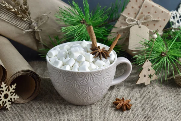 Préparation Noël Pour Les Vacances Avec Une Tasse Cacao Chaud — Photo