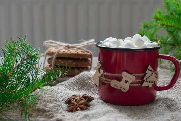 Tasses Café Chaud Avec Guimauves Biscuits Farine Avoine Joyeux Noël — Photo