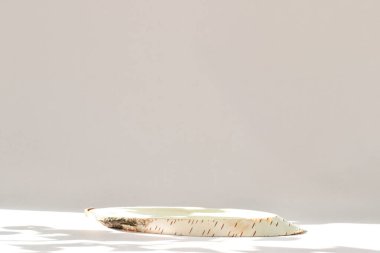 Çevre dostu ürünlerin sunumu için ahşap sahne. Kürsü boş bir yeri olan testere ağacından yapılmıştır. Markalaşmak için doğal bir ürün sergileniyor..