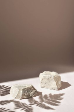 Mal ve kozmetik sunumu için taş podyum. Doğal ürünler sahnesi olan bir vitrin. Eko-dokuma. Doğal gölgeler.