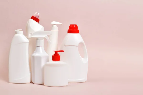 Various White Plastic Bottles Detergent Place Text Everything Cleaning Disinfection — Stock Photo, Image