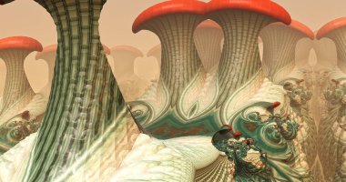 Hareket halindeki üç boyutlu mantar fraktallarının resmi