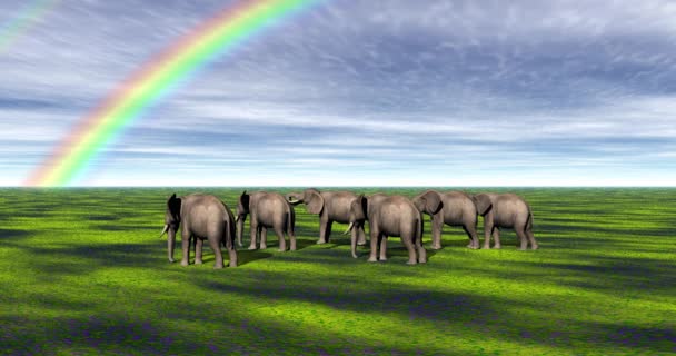 Flock Elefanter Med Långa Betar Rinner Genom Stäppen — Stockvideo