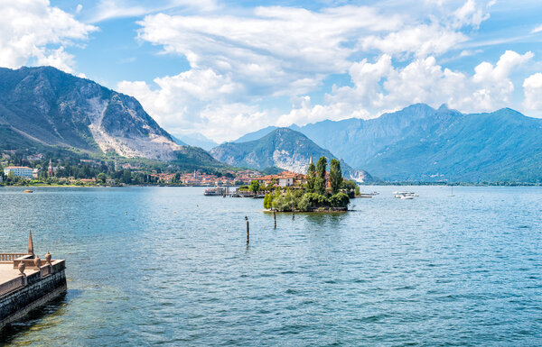 Landscape of lake Maggiore with Fishermen Island (Isola dei Pescatori). View from Island Bella. Stresa, Italy