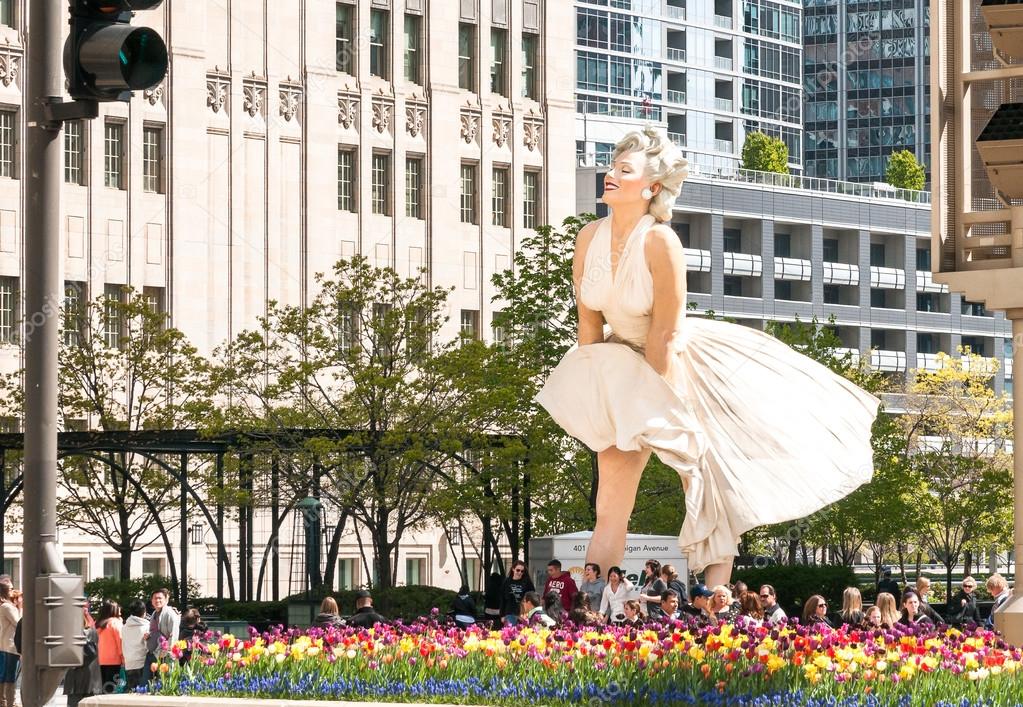 Chicago, IL, United States - April 13, 2012: Forever Marilyn Monroe Sculpture along Michigan avenue, visited by large numbers of tourists.