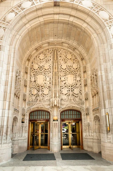 Door entrance of Tribune Tower in Chicago Downtown, Illinois, USA