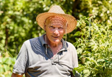 Hasır şapkalı, kameraya bakan yaşlı gülümseyen adamın portresi. Yaşlılar için yaşam tarzı.