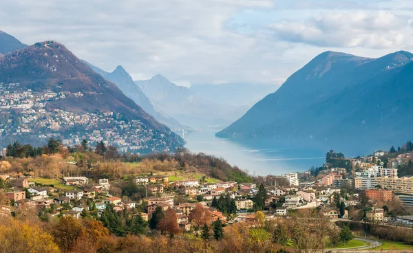 View from Collina d\'Oro or Golden Hill of the Gentilino village, district of Lugano in canton Ticino, Switzerland