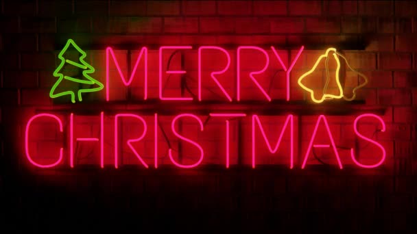 God Jul Neon Skylt Med Tegel Bakgrund Loopas Animation — Stockvideo