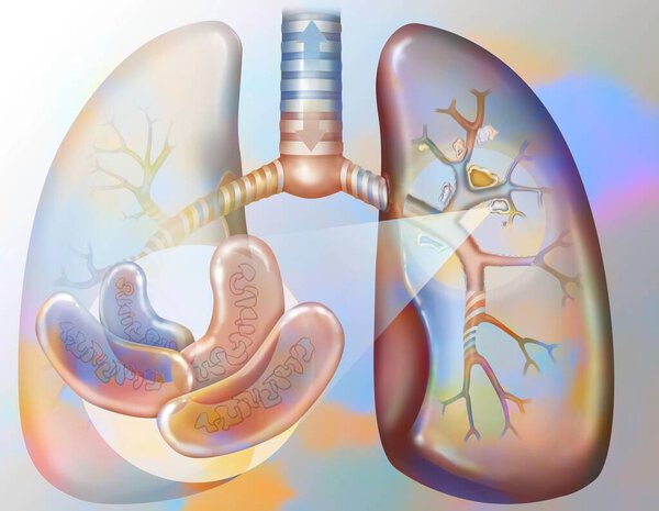 Легочный туберкулез. Бациллы Коха колонизируют легкие и развиваются, разрушая ткани, формируя очаги (caseum). Эти очаги кальцифицируются, образуя пещеры, в которых размножаются бактерии, и которые сохраняются после восстановления. 