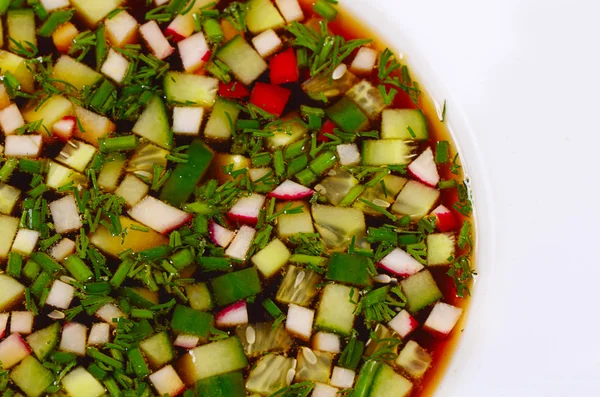 Okroshka aus frischem Gemüse. kalte Suppe. — Stockfoto