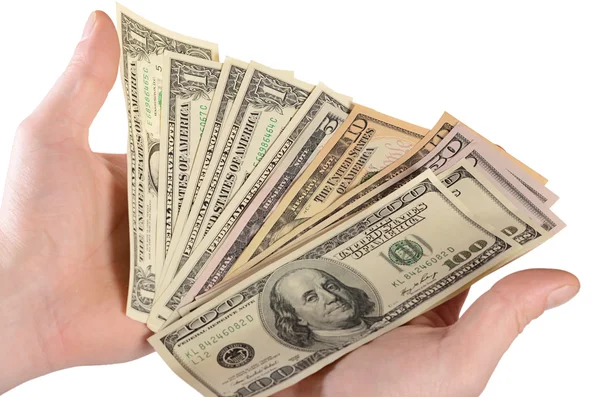 Dólares na mão de um homem isolados em branco — Fotografia de Stock
