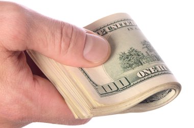 Beyaz arka plan üzerinde izole adam elinde dolar