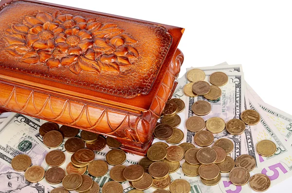 Coins and banknotes in the box — Stock Photo, Image