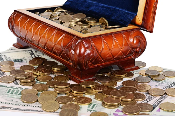 Coins and banknotes in the box — Stock Photo, Image