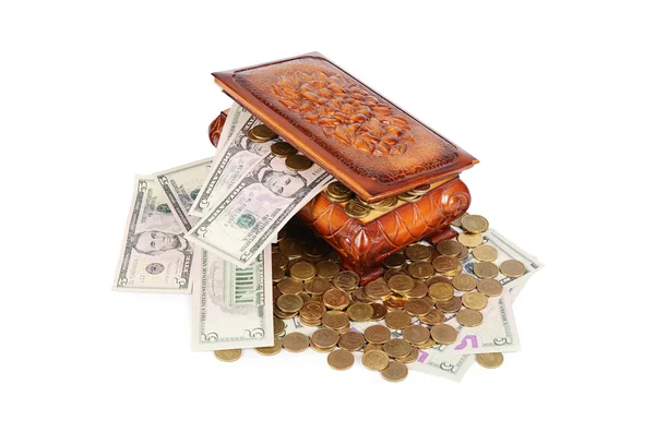 Coins and banknotes in the box — Stock Photo, Image