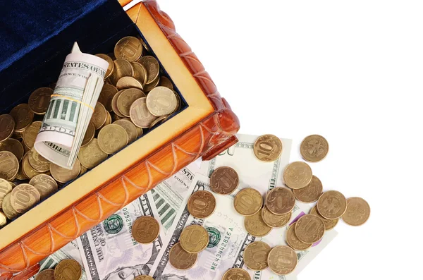 Coins and banknotes in the box — Stock Photo, Image