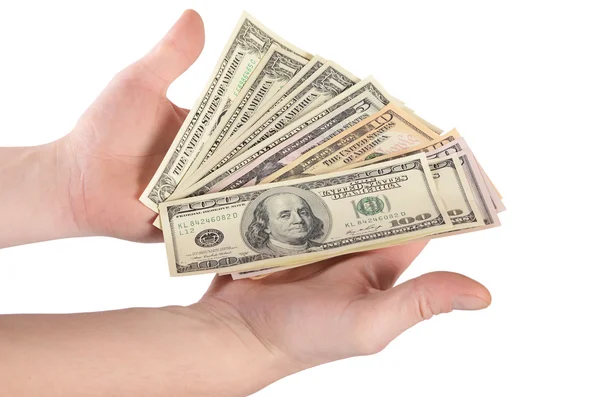 Dólares en la mano de un hombre aislado en blanco — Foto de Stock
