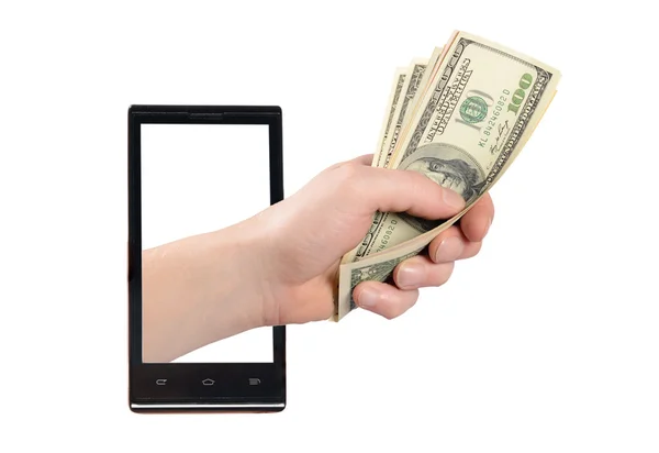 The black smartphone and dollars in a hand — Stock Photo, Image