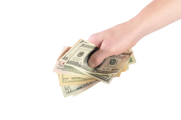 Dollari nella mano di un uomo isolato su bianco — Foto Stock