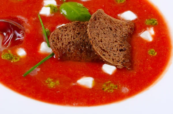 Soup from baked tomatoes with pesto — Stock Photo, Image