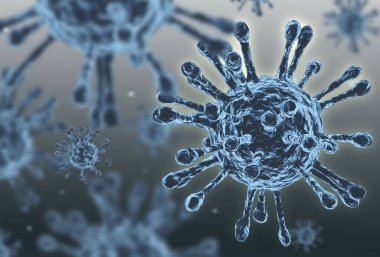 Covid-19 virüs hücreleri veya koronavirüs illüstrasyon 3D görüntüleme veya virüs soyut arkaplan.
