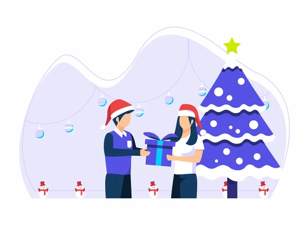 Julfirande Män Ger Gåvor Till Flickvänner Jul Träd Vektor Illustration — Stock vektor