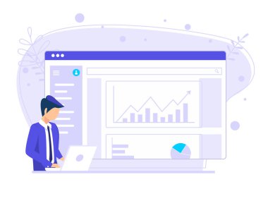 Erkekler internetteki büyük ekranlara sunum yapıyor. Dijital kavramlar, uzaktan çalışma ve iş iletişimi. düz vektör illüstrasyonu.