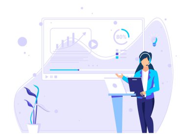 Kadınlar büyük ekranlarda sunum yaparlar. Dijital iş kavramları, uzaktan çalışma ve iş iletişimi. Modern düz vektör illüstrasyonu.