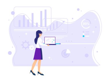 Dijital bilgi grafiği arkaplanı. İş kadını ve dizüstü bilgisayar elemanları. modern dijital vektör illüstrasyonu.