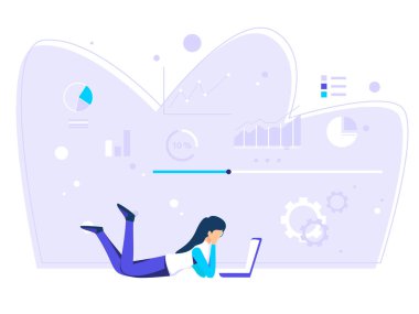 Dizüstü bilgisayarın önünde yatan kadın. dijital online çalışma konsepti. düz güç illüstrasyonu.