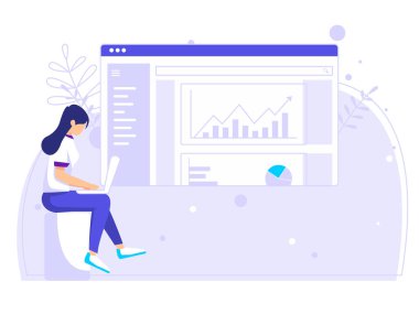 Dizüstü bilgisayarda çalışan kadın işçiler ya da öğrenciler. İnternet, sosyal medya, posterler için kullanılır. modern düz biçim çizimi.