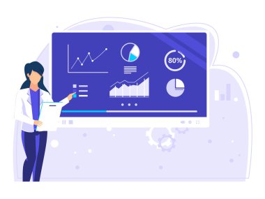 Kadın işçiler büyük ekranda şirket verilerini sağlıyor. İnternet, sosyal medya, posterler için kullanılır. modern düz biçim çizimi.