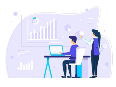 Ofis arkadaşlarıyla çalışmak. Şirketin yıllık verilerinin sonuçlarını gösterir. Posterler, sosyal medya ve internet için kullanılır. modern iş vektörü illüstrasyonu.