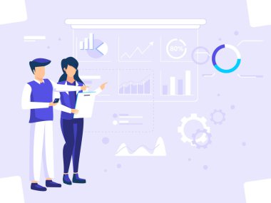 Dijital grafik konsepti. Ofis çalışanları şirketin yıllık veri tablosunu özetliyor. Ağ, posterler, el ilanları için kullanılır. modern düz vektör illüstrasyonu.