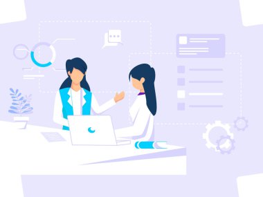 Dijital grafik konsepti. Kadın işçiler toplantılar ve tartışmalar yapar. Ağ, posterler, el ilanları için kullanılır. düz vektör illüstrasyonu.