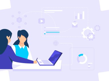 Dijital grafik konsepti. Kadın işçiler toplantılar ve tartışmalar yapar. Ağ, posterler, el ilanları için kullanılır. düz vektör illüstrasyonu.