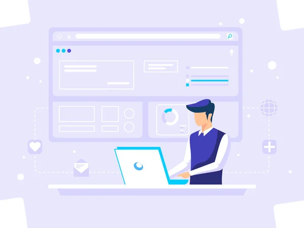 Digitales Grafikkonzept Männlicher Arbeiter Der Sich Vor Dem Bildschirm Präsentiert — Stockvektor