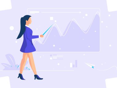 Ön ekranda kadın seminerleri veriyor. Yıllık iş haritası gezisinin açıklaması. Düz vektör illüstrasyonu.