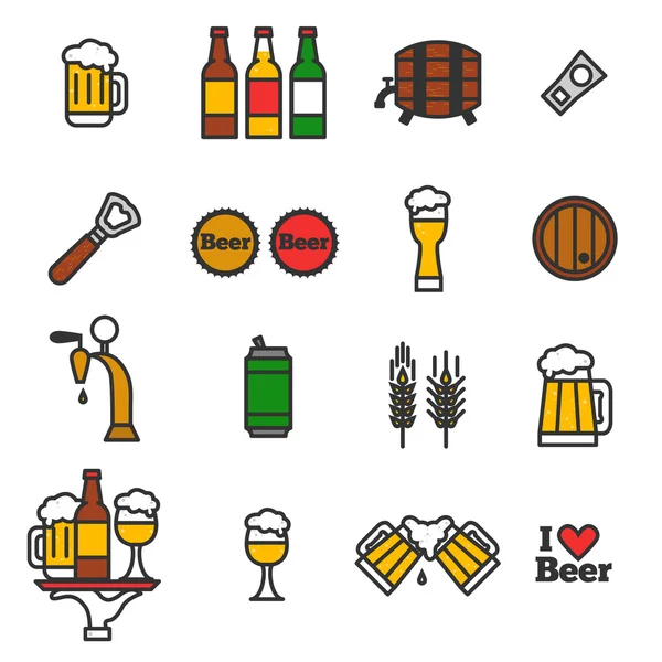 Pivo barevné vektorové ikony set - lahve, sklo, půllitr — Stockový vektor