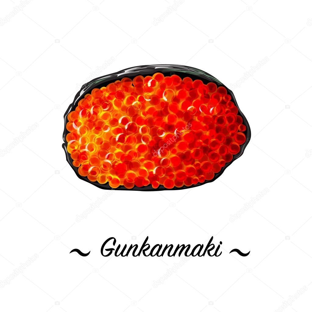 Gunkan-maki nigirizushi sushi roll. Japanese cuisine, traditional food icon. Pixel perfect isolated illustration
