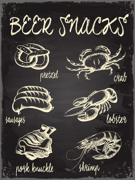 Hand drawn illustration. Beer and snacks set. Vintage. Sketch.