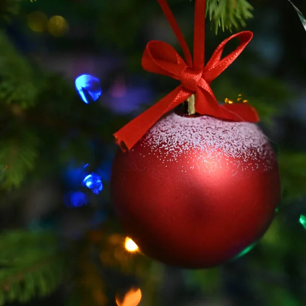 Red Ball Ribbon Bow Hanging Decorated Christmas Tree Close — Stock Photo, Image