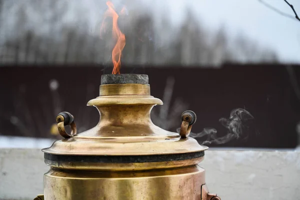 Heating Samovar Russian Traditional Tea Machine Smoke Flame Chimney Close — Stock Photo, Image