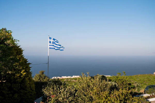 Beau Paysage Île Santorin Arbre Vert Buissons Vignoble Drapeau Grec — Photo