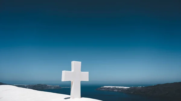 Santorini Eiland Uitzicht Caldera Zonnige Dag Kleine Minimalistische Grieks Orthodoxe — Stockfoto