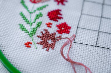 Çapraz dikişe yakın çekim. İpliği olan bir iğne tuvale sıkıştı. Bir parça nakış.