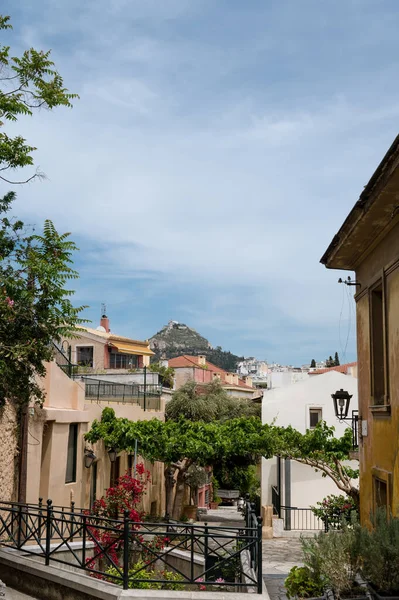 Paisaje Urbano Escénico Del Distrito Plaka Atenas Con Vista Monte — Foto de Stock