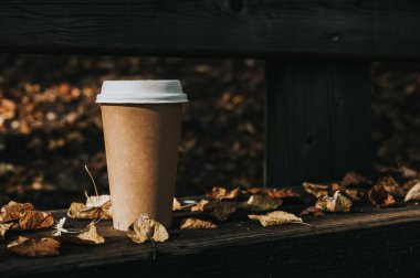 Sonbahar parkındaki bankta duran küçük bir kahve fincanı. Düşen yapraklar. Yakın plan. Sıcak içecek..